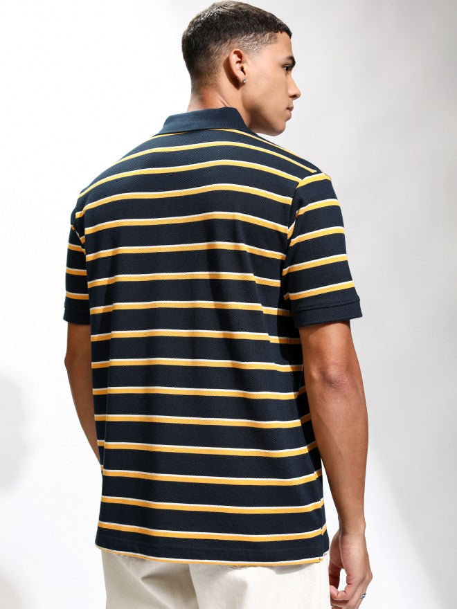 Highlander Men Navy Blue Striped Polo Collar T-Shirt - Navy Blue - Image 3