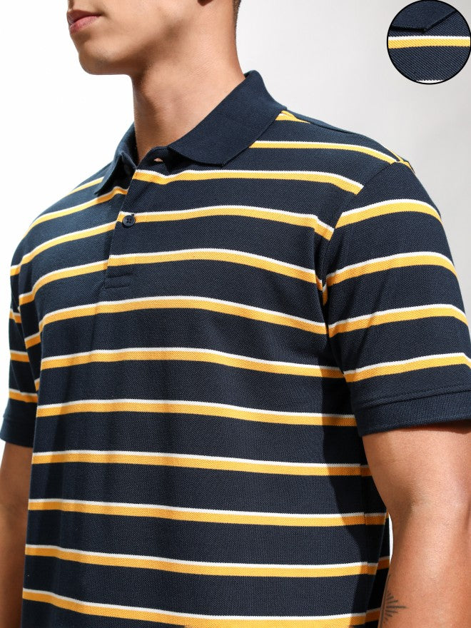 Highlander Men Navy Blue Striped Polo Collar T-Shirt - Navy Blue - Image 5