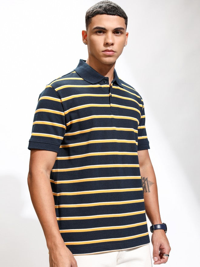 Highlander Men Navy Blue Striped Polo Collar T-Shirt - Navy Blue - Image 6