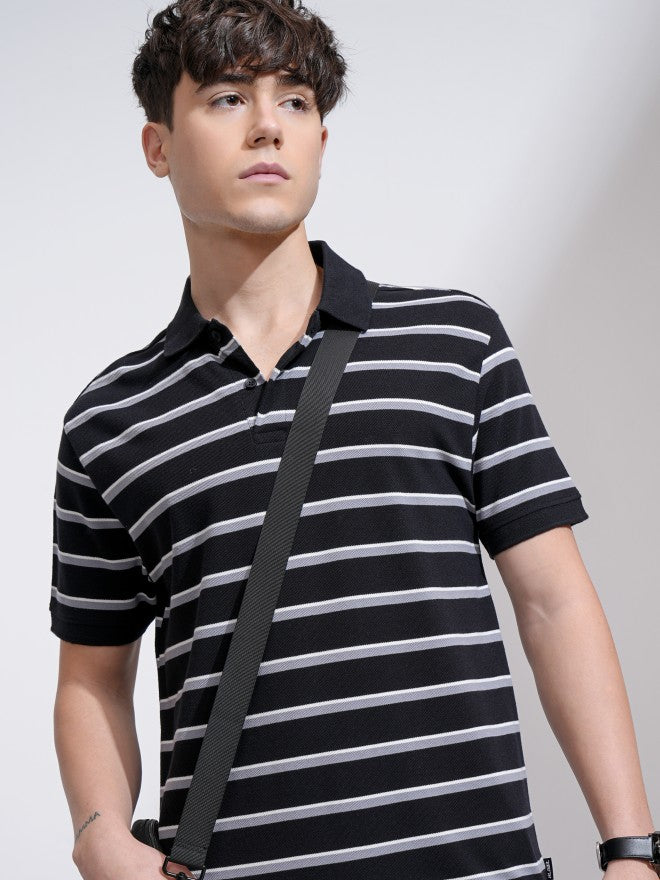 Highlander Men Black Striped Polo Collar T-Shirt - Black - Image 1