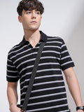 Highlander Men Black Striped Polo Collar T-Shirt - Black - Image 1
