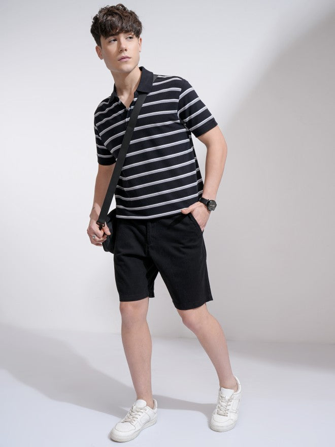 Highlander Men Black Striped Polo Collar T-Shirt - Black - Image 2