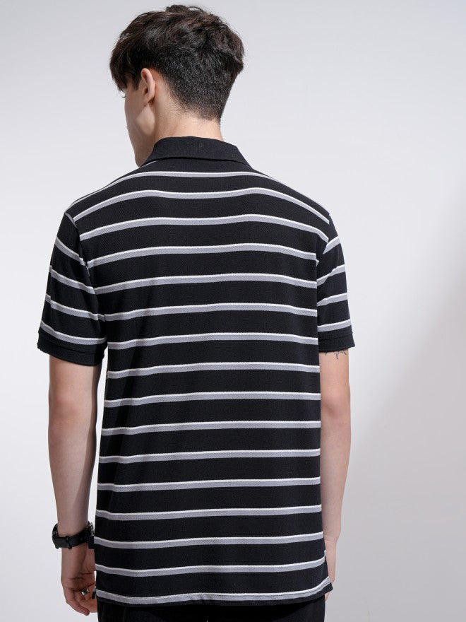 Highlander Men Black Striped Polo Collar T-Shirt - Black - Image 3