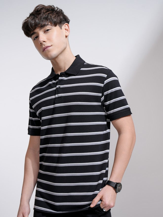 Highlander Men Black Striped Polo Collar T-Shirt - Black - Image 4