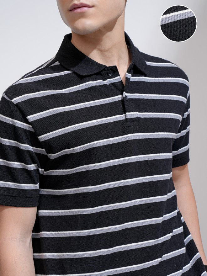 Highlander Men Black Striped Polo Collar T-Shirt - Black - Image 5