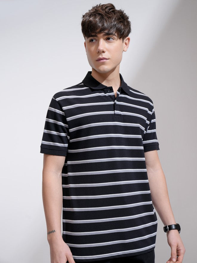 Highlander Men Black Striped Polo Collar T-Shirt - Black - Image 6