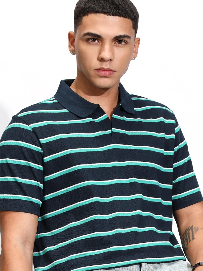 Highlander Men Blue Striped Polo Collar T-Shirt - Blue - Image 1
