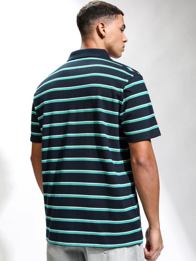 Highlander Men Blue Striped Polo Collar T-Shirt - Blue - Image 3