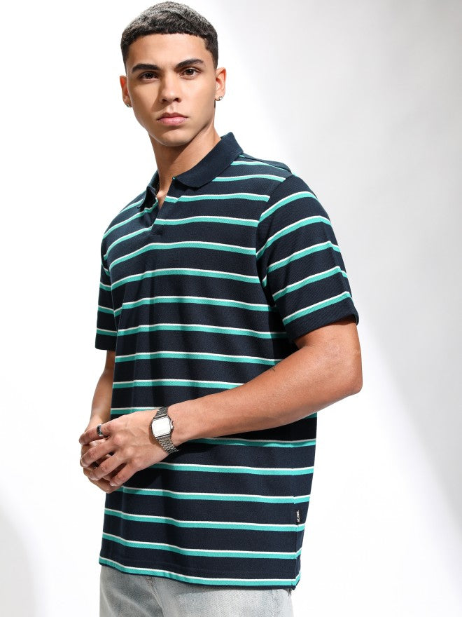 Highlander Men Blue Striped Polo Collar T-Shirt - Blue - Image 4