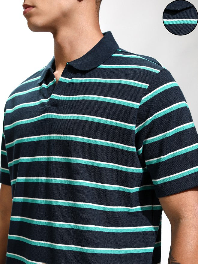 Highlander Men Blue Striped Polo Collar T-Shirt - Blue - Image 5