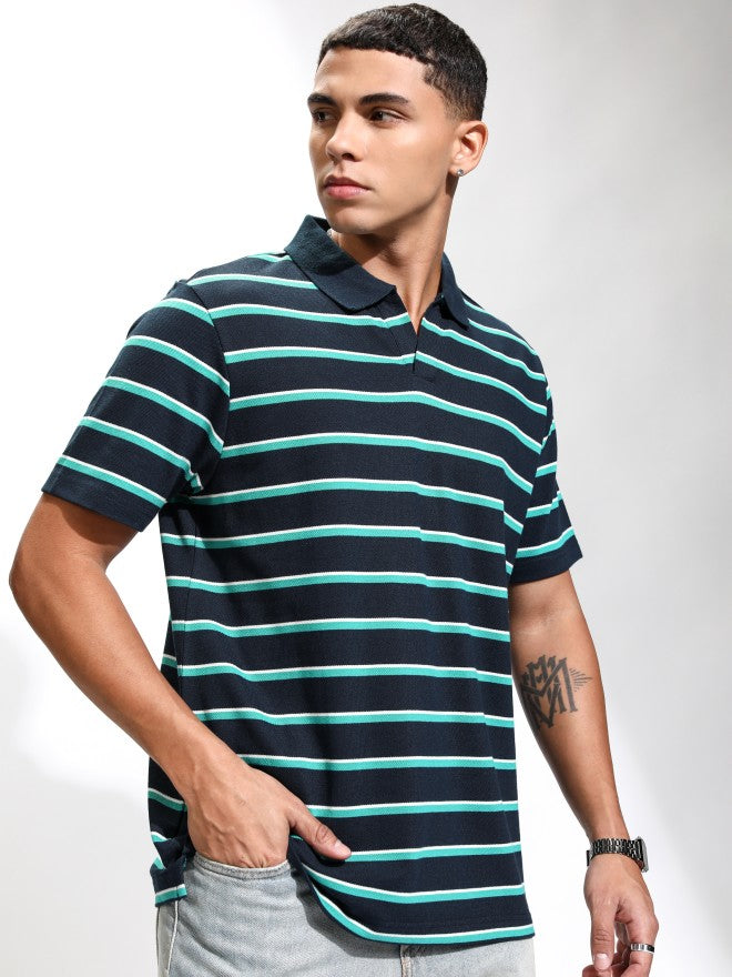 Highlander Men Blue Striped Polo Collar T-Shirt - Blue - Image 6