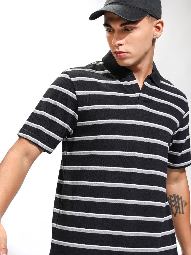 Highlander Men Black Striped Polo Collar T-Shirt - Black - Image 1