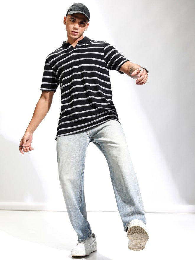 Highlander Men Black Striped Polo Collar T-Shirt - Black - Image 2