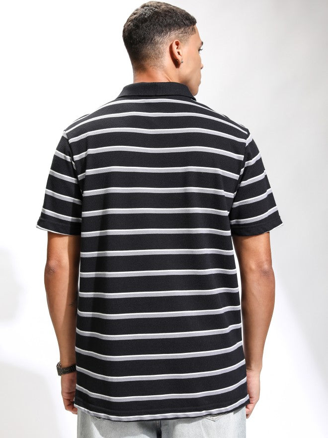 Highlander Men Black Striped Polo Collar T-Shirt - Black - Image 3