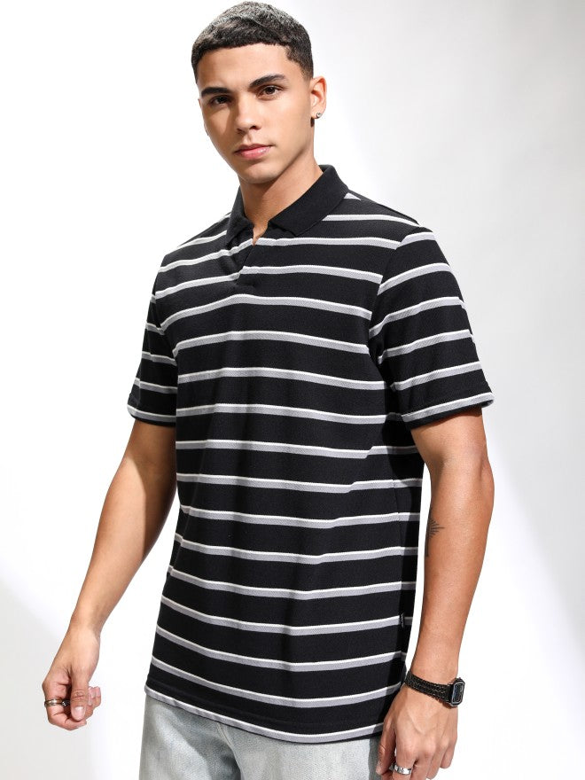 Highlander Men Black Striped Polo Collar T-Shirt - Black - Image 4