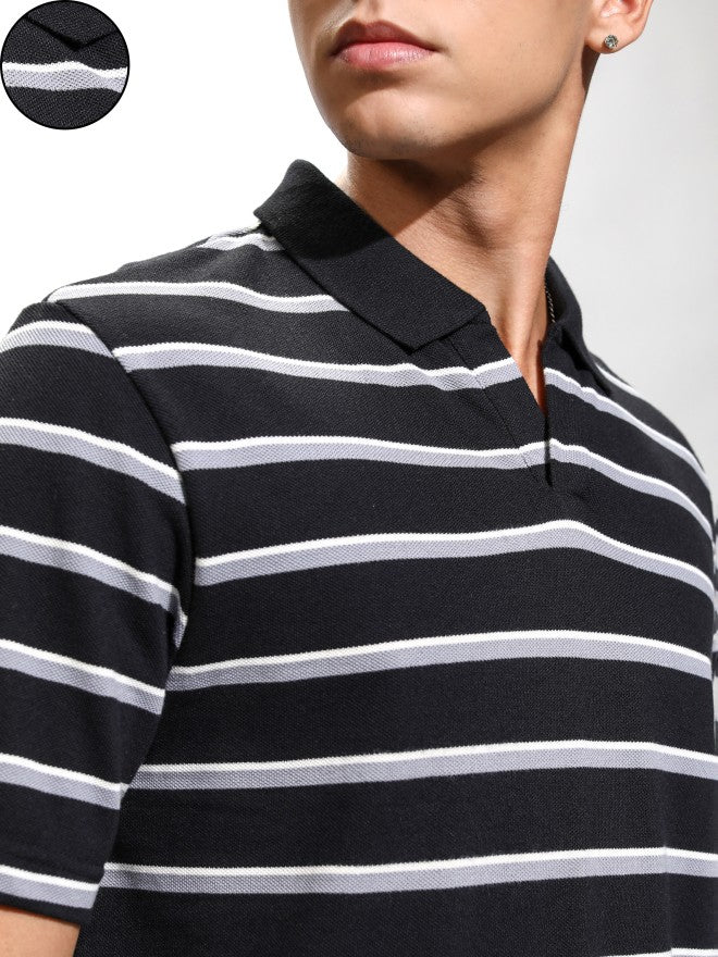 Highlander Men Black Striped Polo Collar T-Shirt - Black - Image 5