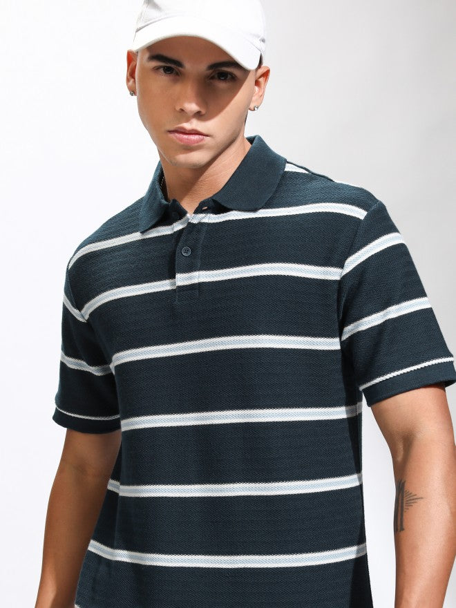 Highlander Men Navy Blue Striped Polo Collar T-Shirt - Navy Blue - Image 1
