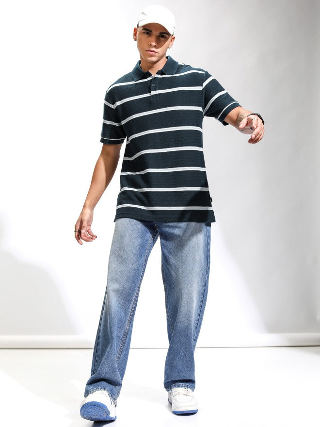Highlander Men Navy Blue Striped Polo Collar T-Shirt - Navy Blue - Image 2