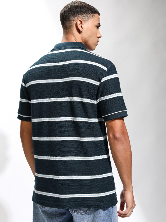 Highlander Men Navy Blue Striped Polo Collar T-Shirt - Navy Blue - Image 3