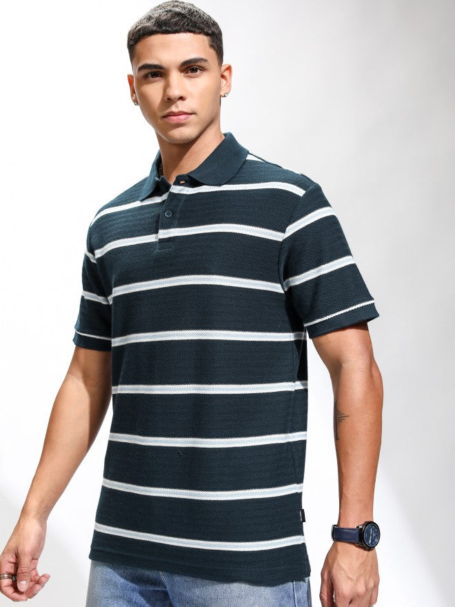 Highlander Men Navy Blue Striped Polo Collar T-Shirt - Navy Blue - Image 4