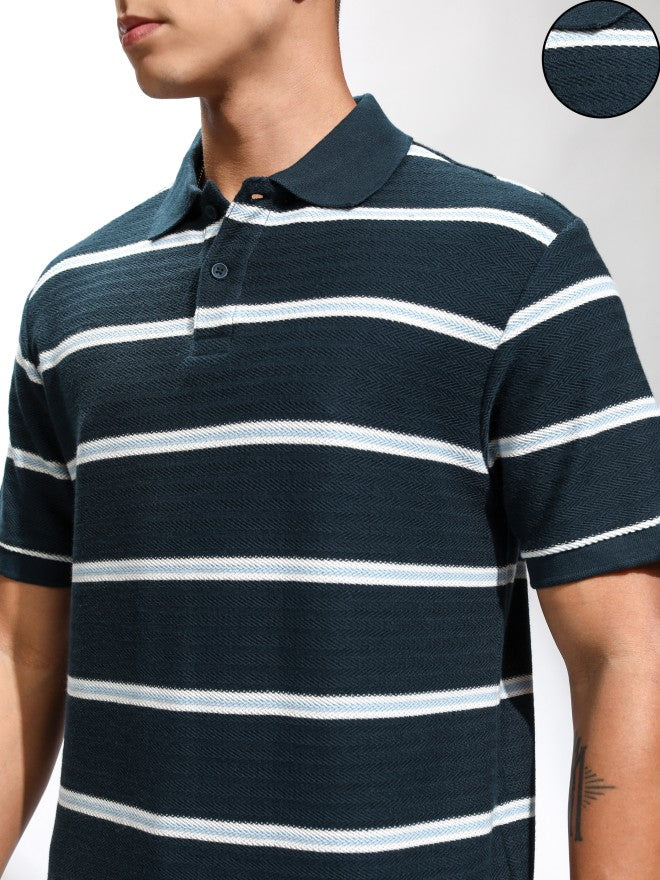 Highlander Men Navy Blue Striped Polo Collar T-Shirt - Navy Blue - Image 5