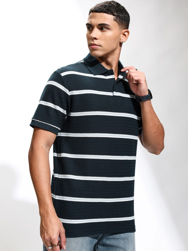Highlander Men Navy Blue Striped Polo Collar T-Shirt - Navy Blue - Image 6