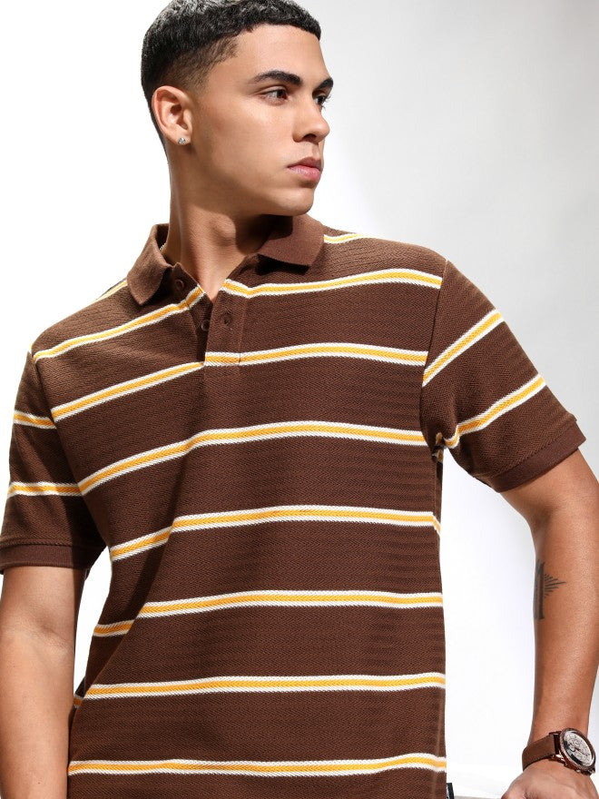 Highlander Men Brown Striped Polo Collar T-Shirt - Brown - Image 1