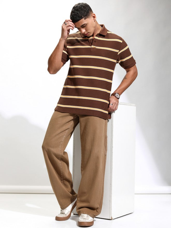 Highlander Men Brown Striped Polo Collar T-Shirt - Brown - Image 2
