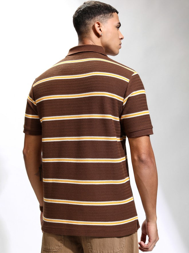 Highlander Men Brown Striped Polo Collar T-Shirt - Brown - Image 3
