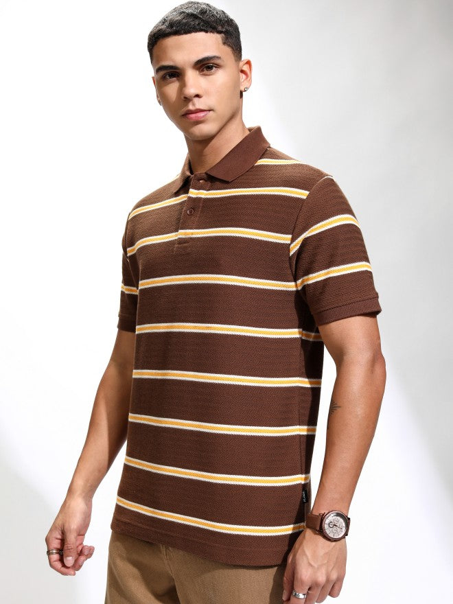 Highlander Men Brown Striped Polo Collar T-Shirt - Brown - Image 4