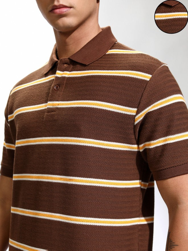 Highlander Men Brown Striped Polo Collar T-Shirt - Brown - Image 5