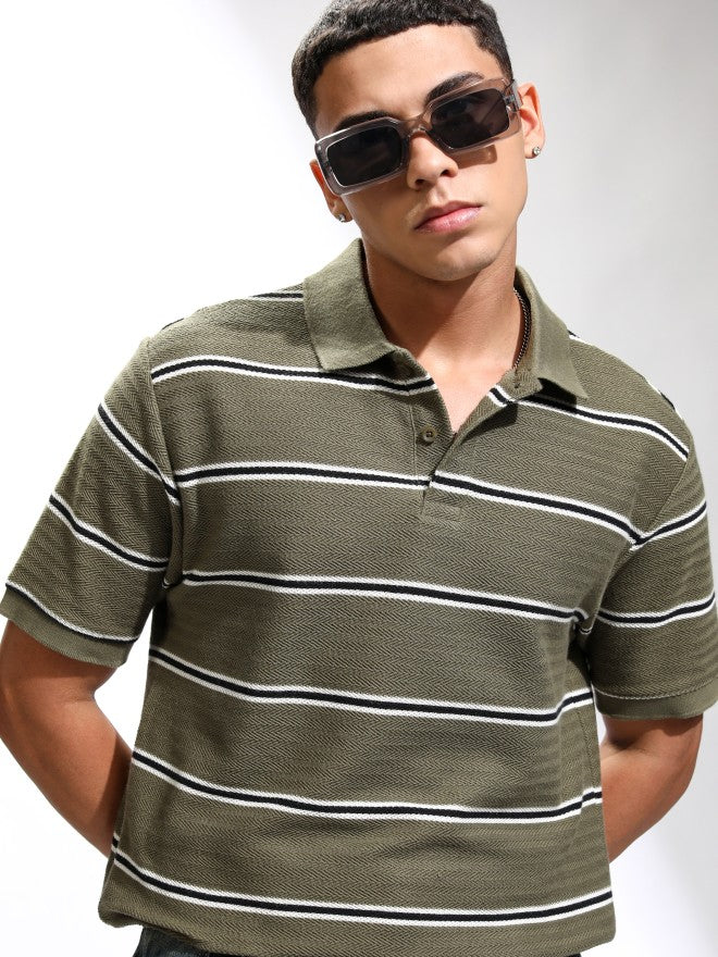 Highlander Men Olive Self Design Polo Collar T-Shirt - Olive - Image 1
