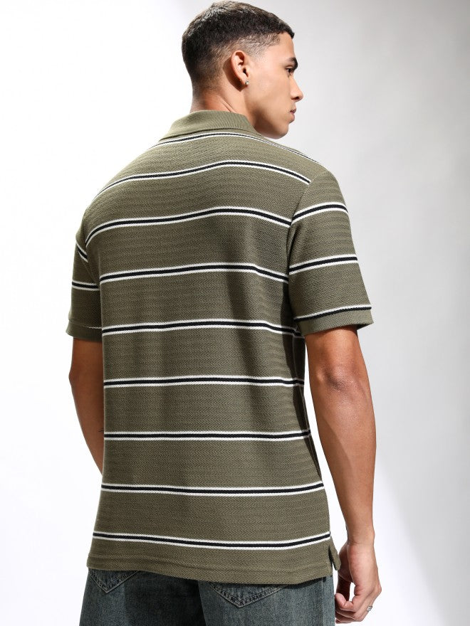 Highlander Men Olive Self Design Polo Collar T-Shirt - Olive - Image 3