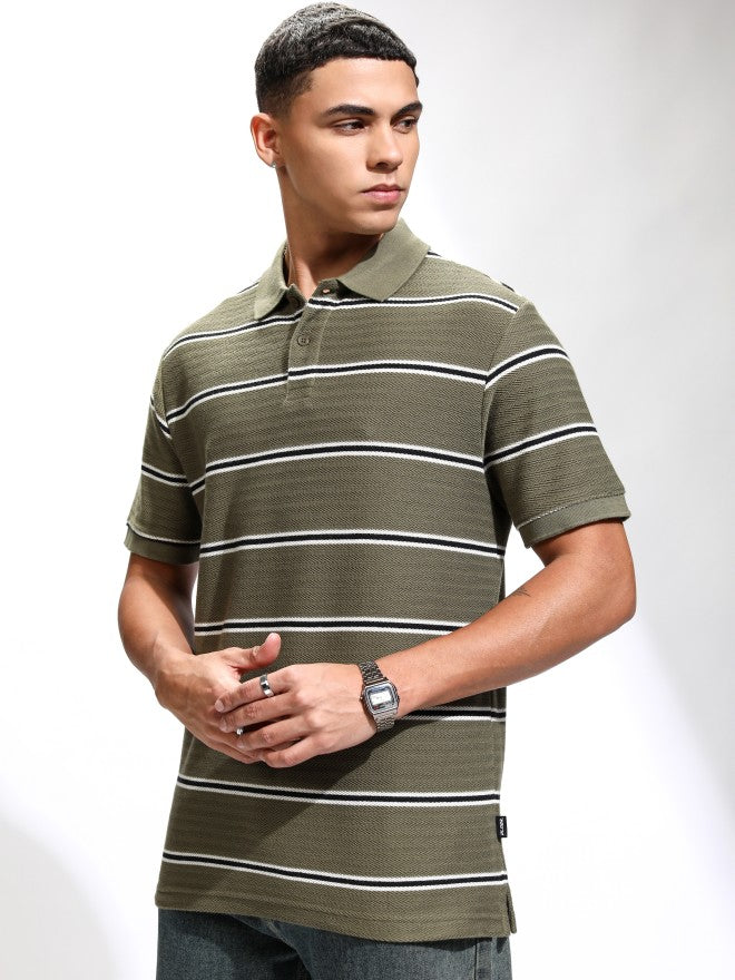 Highlander Men Olive Self Design Polo Collar T-Shirt - Olive - Image 4