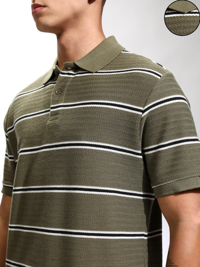 Highlander Men Olive Self Design Polo Collar T-Shirt - Olive - Image 5