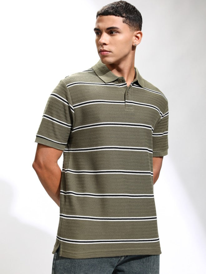 Highlander Men Olive Self Design Polo Collar T-Shirt - Olive - Image 6
