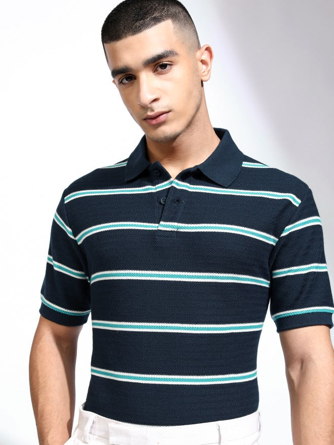 Highlander Men Navy Blue Striped Polo Collar T-Shirt - Navy Blue - Image 1