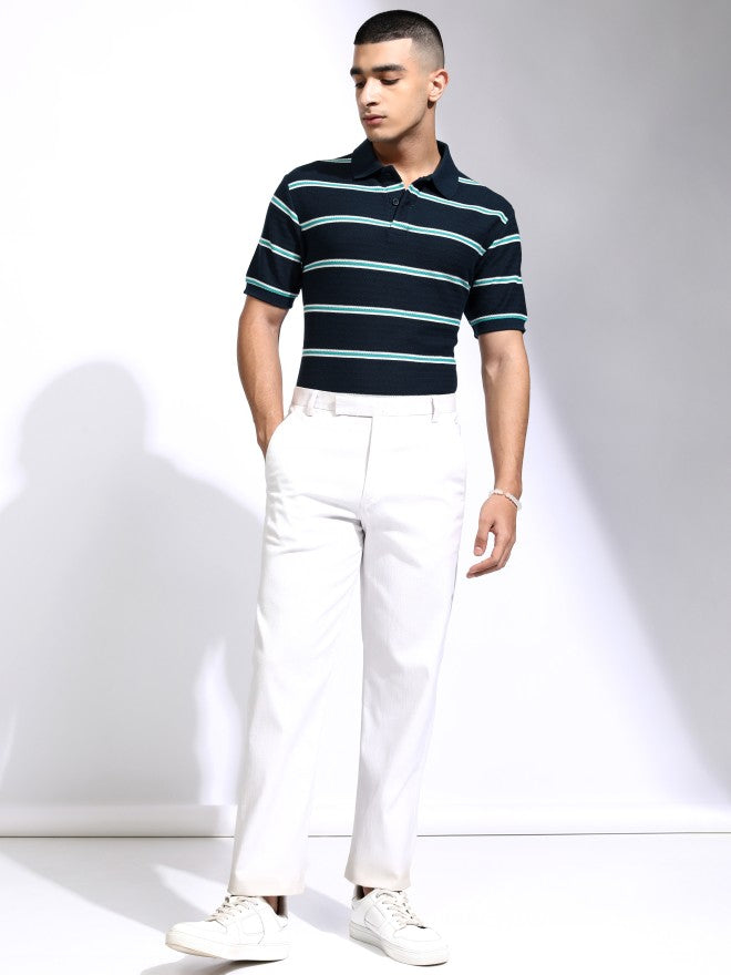 Highlander Men Navy Blue Striped Polo Collar T-Shirt - Navy Blue - Image 2