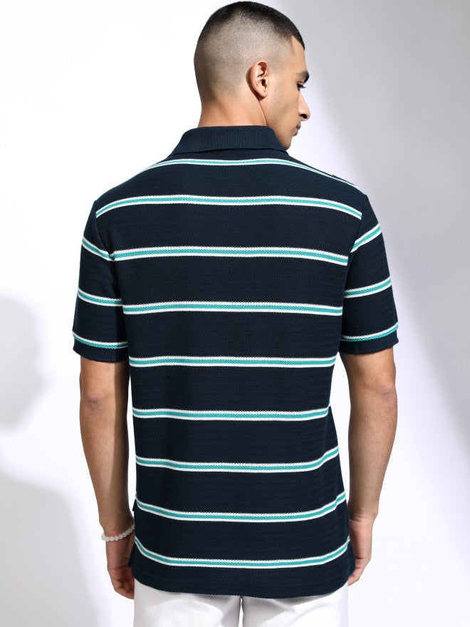 Highlander Men Navy Blue Striped Polo Collar T-Shirt - Navy Blue - Image 3
