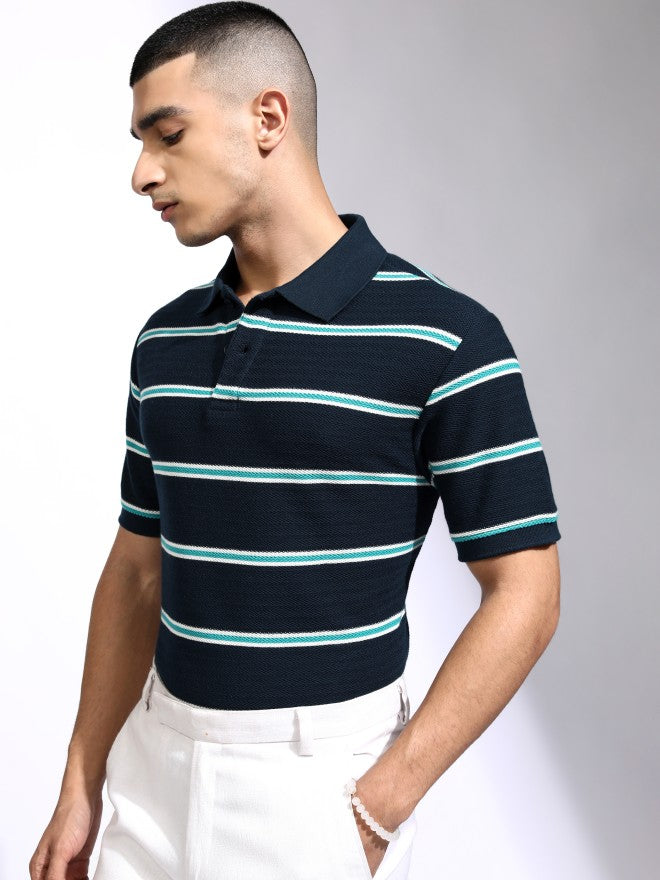 Highlander Men Navy Blue Striped Polo Collar T-Shirt - Navy Blue - Image 4