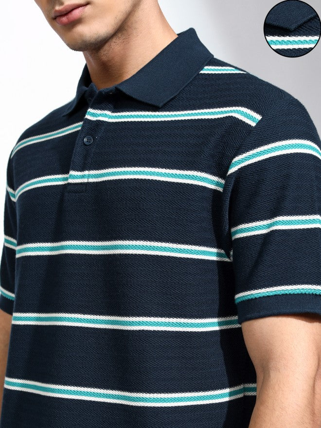 Highlander Men Navy Blue Striped Polo Collar T-Shirt - Navy Blue - Image 5