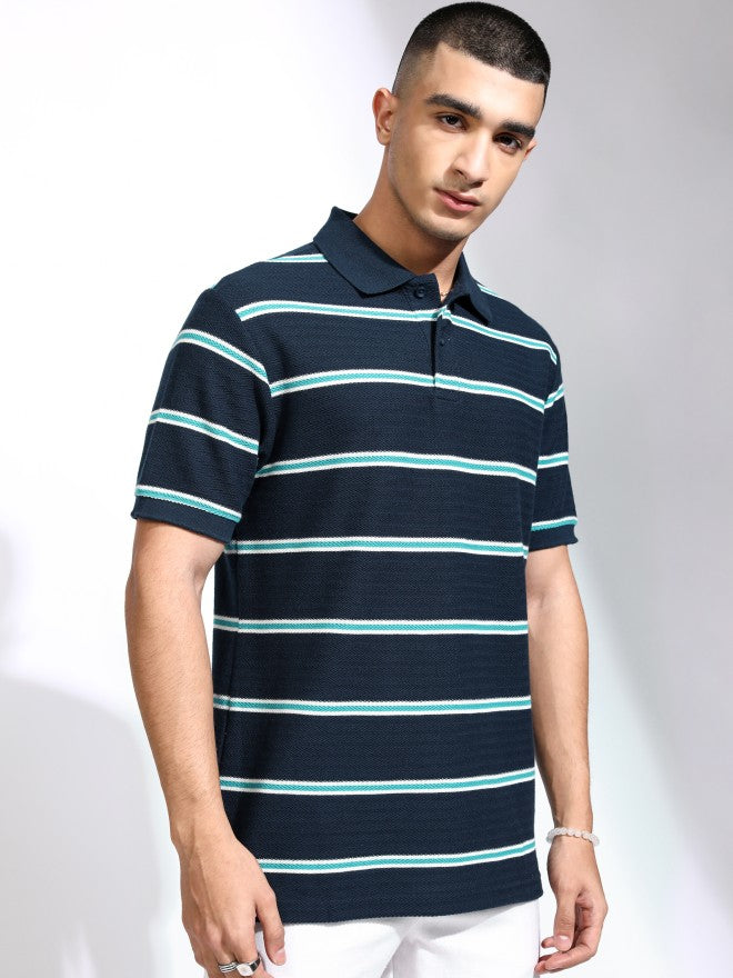 Highlander Men Navy Blue Striped Polo Collar T-Shirt - Navy Blue - Image 6