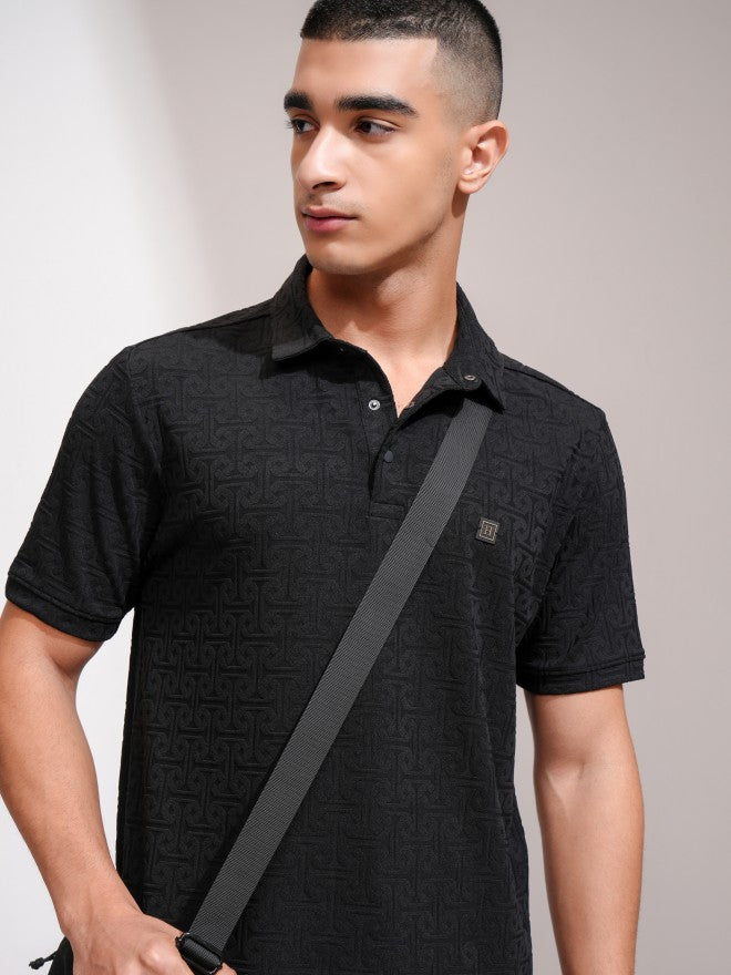 Highlander Men Black Self Design Polo Collar T-Shirt - Black - Image 1