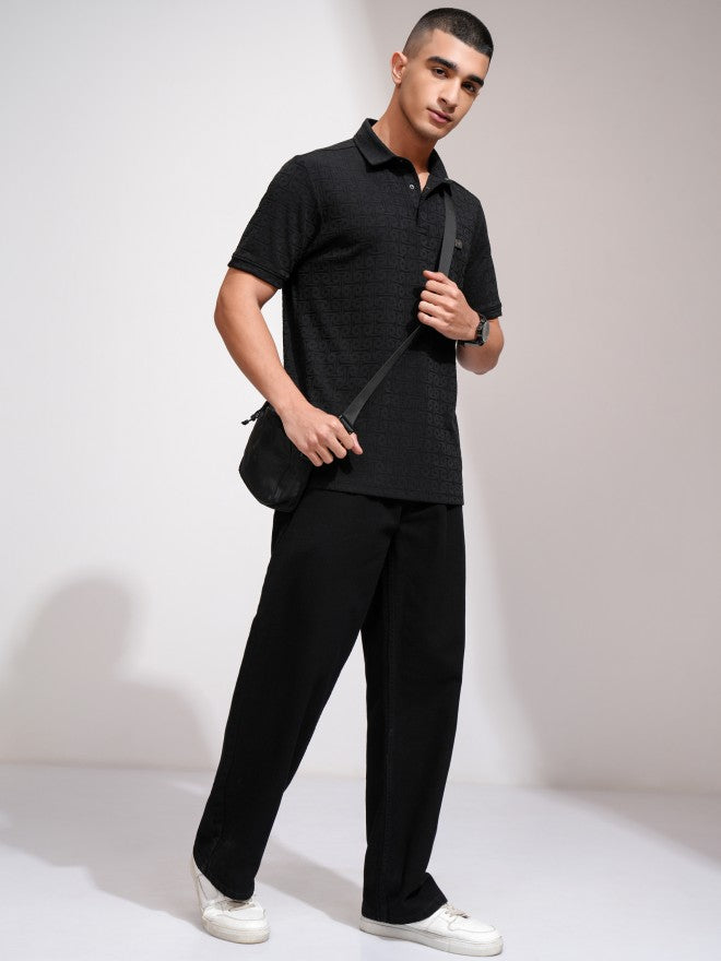 Highlander Men Black Self Design Polo Collar T-Shirt - Black - Image 2