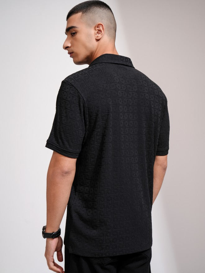Highlander Men Black Self Design Polo Collar T-Shirt - Black - Image 3