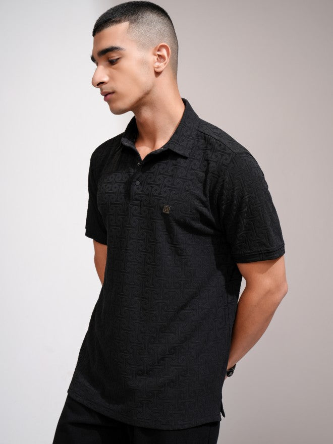 Highlander Men Black Self Design Polo Collar T-Shirt - Black - Image 4