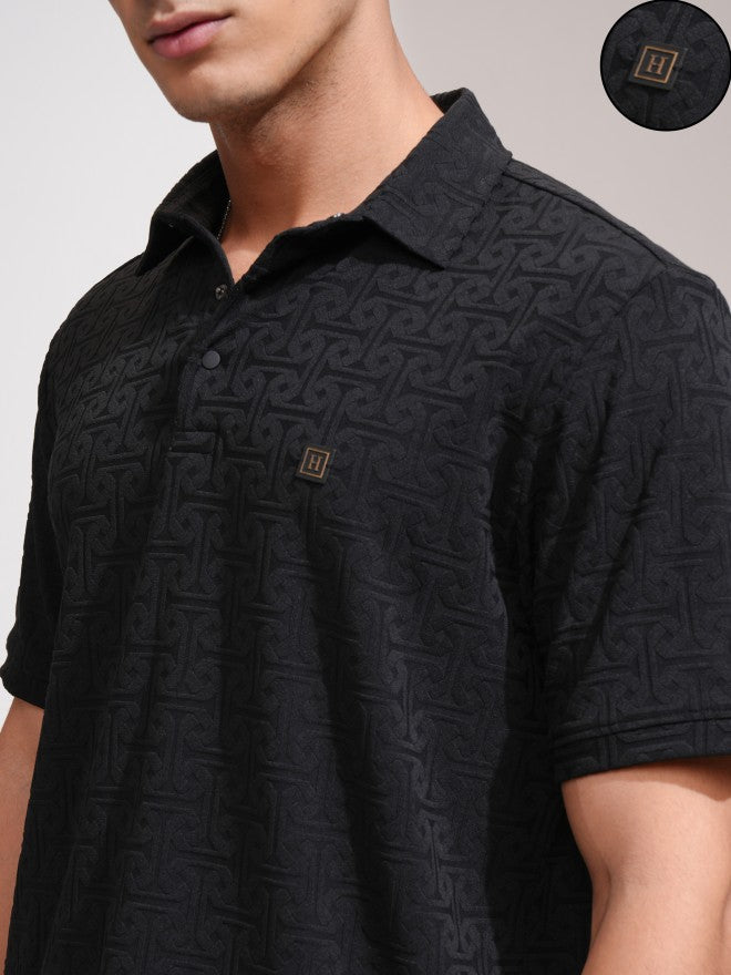 Highlander Men Black Self Design Polo Collar T-Shirt - Black - Image 5
