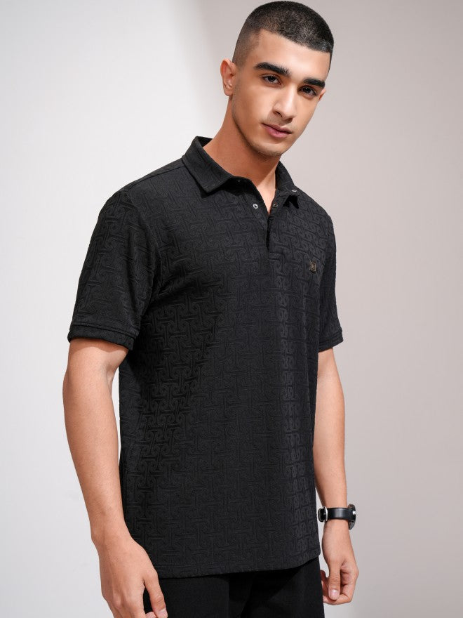 Highlander Men Black Self Design Polo Collar T-Shirt - Black - Image 6