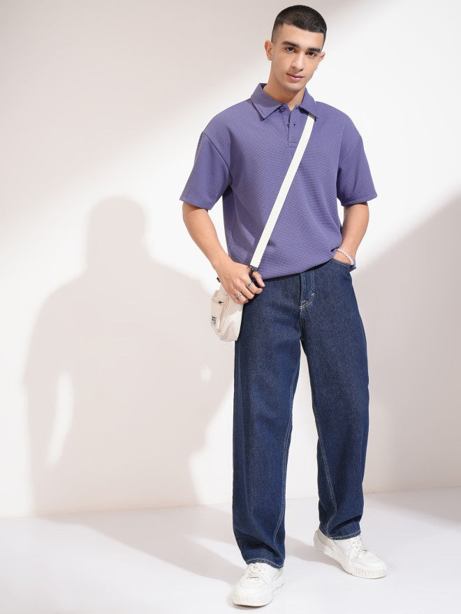 Highlander Men Purple Self Design Polo Collar T-Shirt - Purple - Image 2