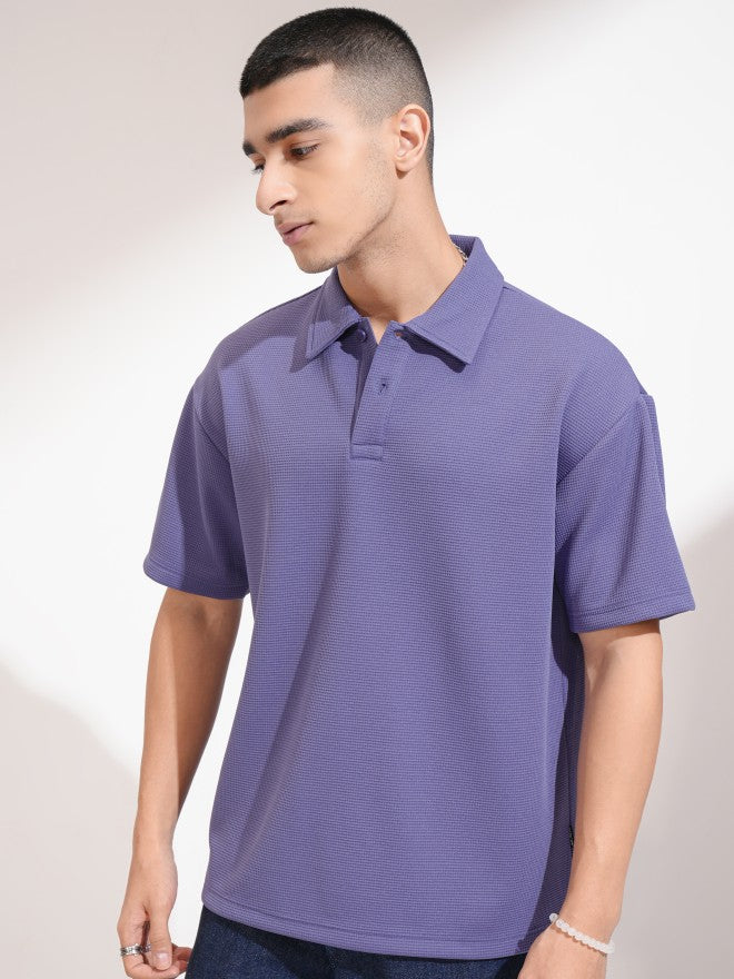 Highlander Men Purple Self Design Polo Collar T-Shirt - Purple - Image 4